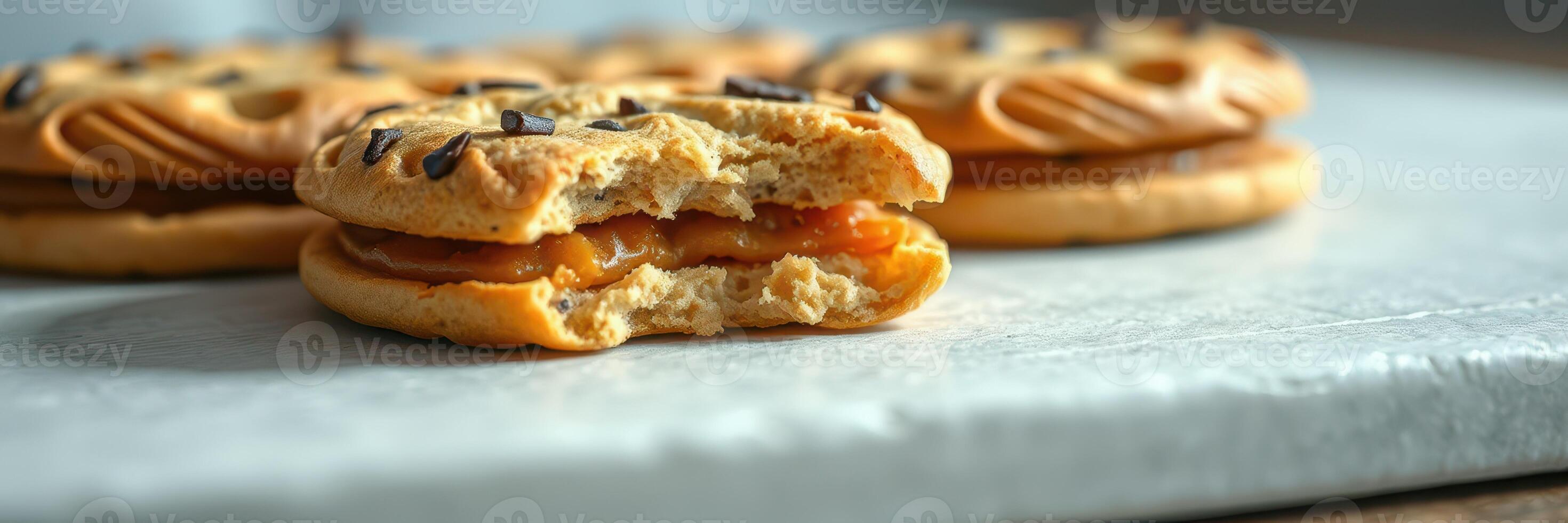 Delicious cookies filled with caramel and topped with chocolate sprinkles on a marble surface photo
