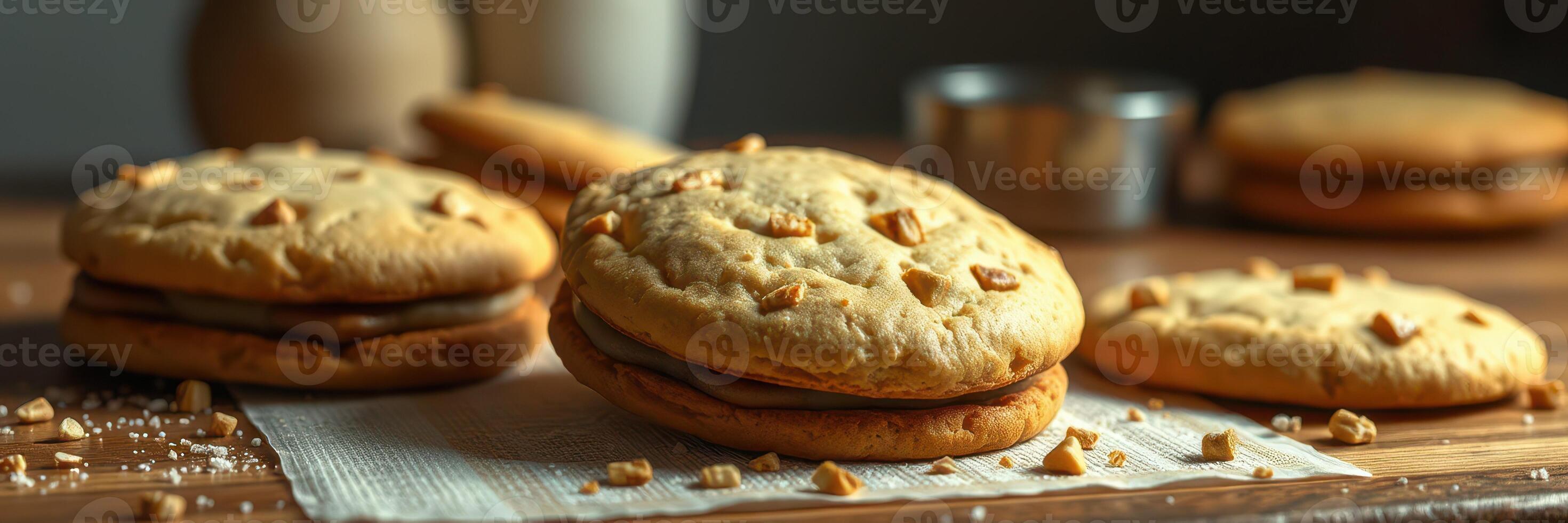 Delicious fresh baked cookies with nuts placed on a wooden table in a cozy kitchen setting photo