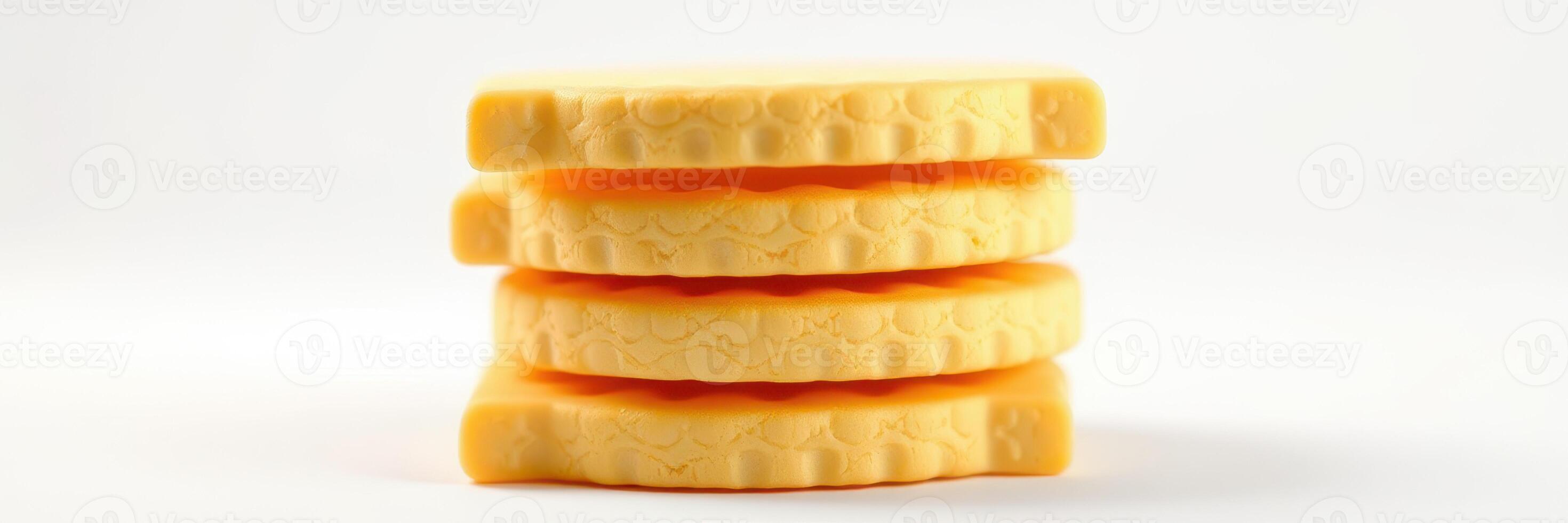 Stack of four vibrant yellow cheese slices against a plain background photo