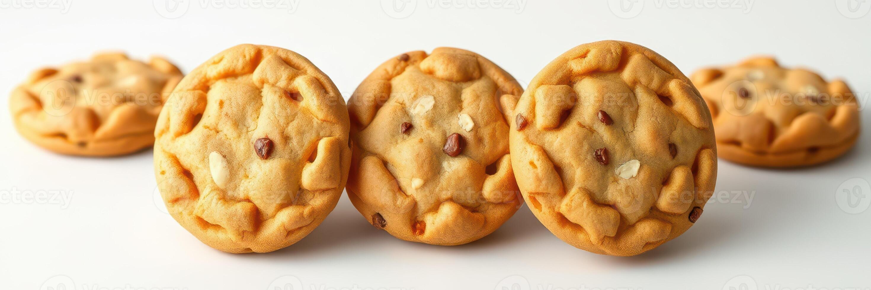 Deliciously baked cookies arranged in a neat line on a white background, showcasing their texture and golden color photo