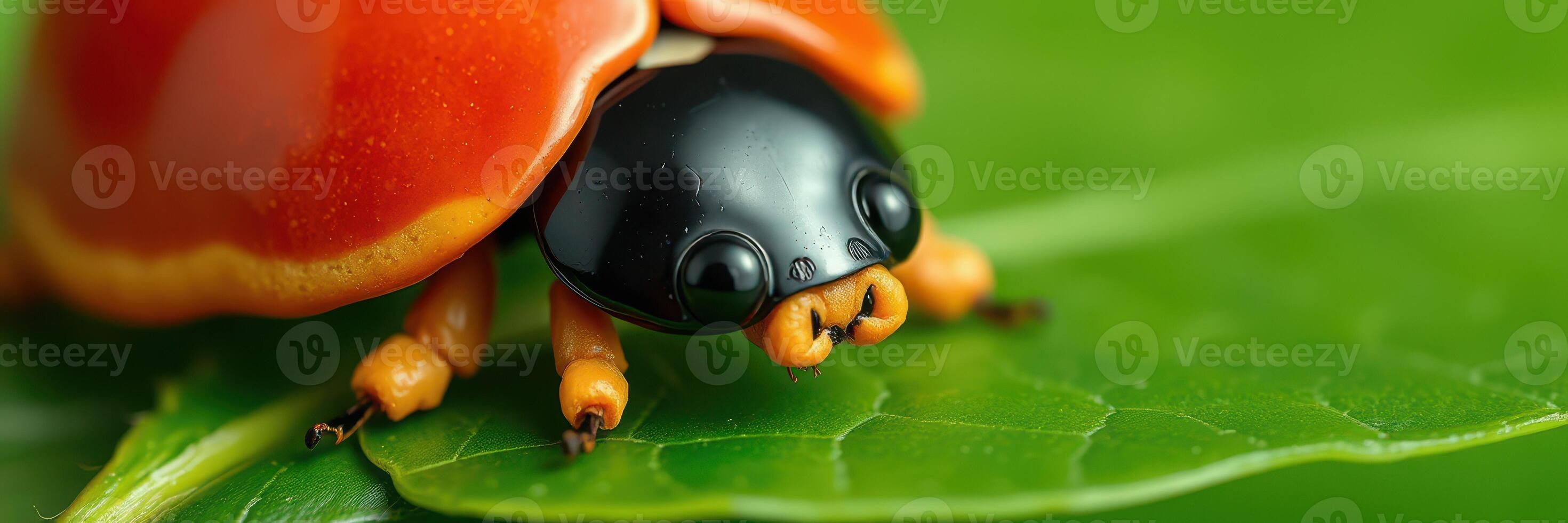 Close-up of a vibrant ladybug crawling on a green leaf in a lush garden during midday photo