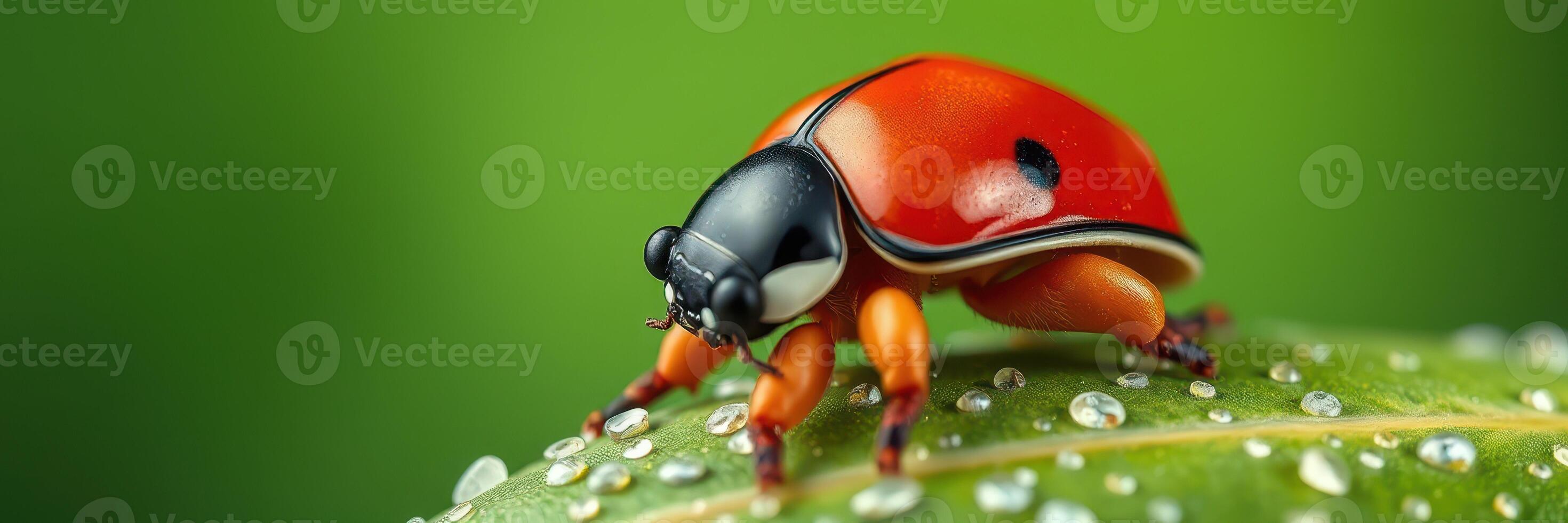 Colorful ladybug crawling on a dewy green leaf in a vibrant garden setting during the early morning light photo