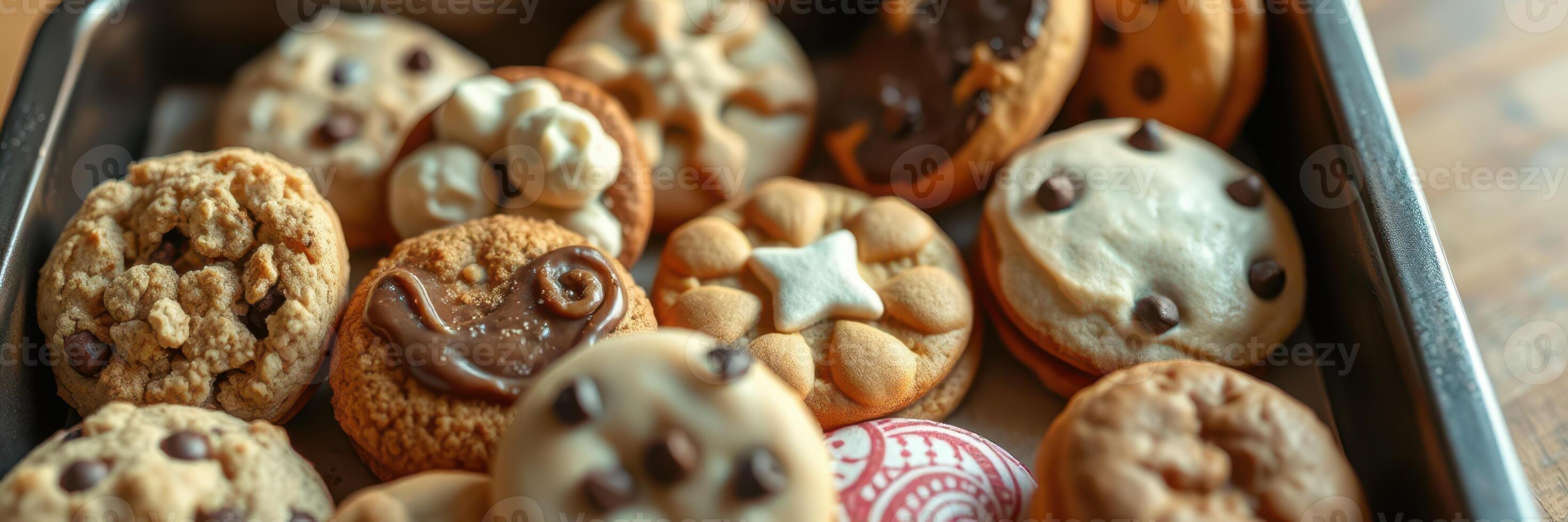 Assorted cookies on a baking tray, showcasing creative designs and flavors for a delicious treat experience photo