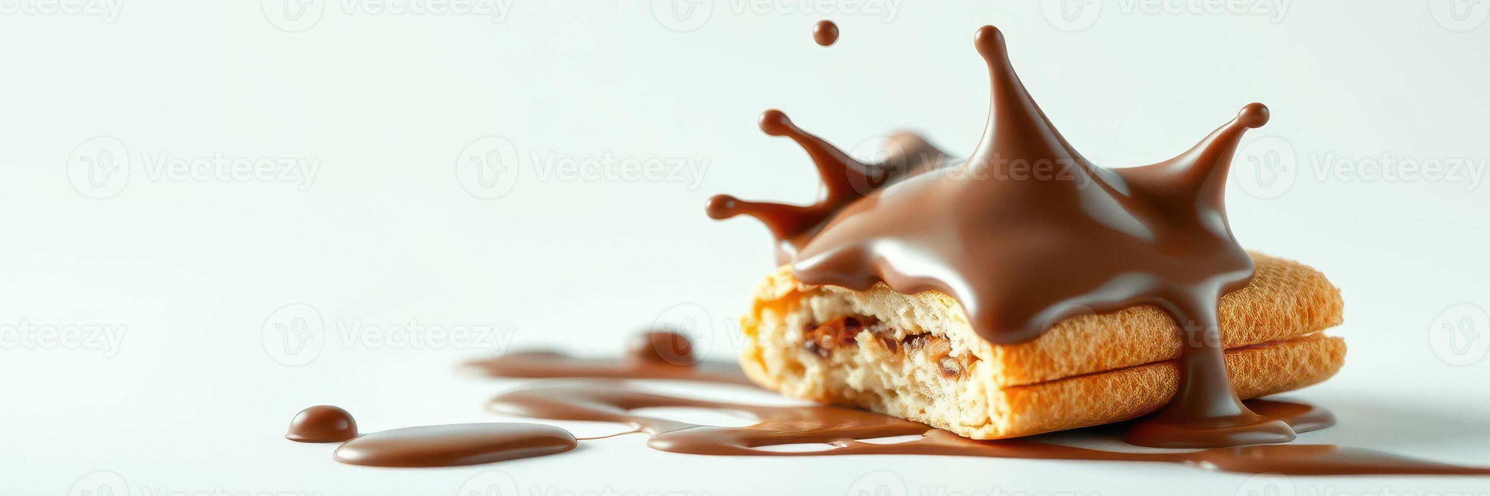 Chocolate sauce splashes over a crispy dessert bar on a clean surface photo