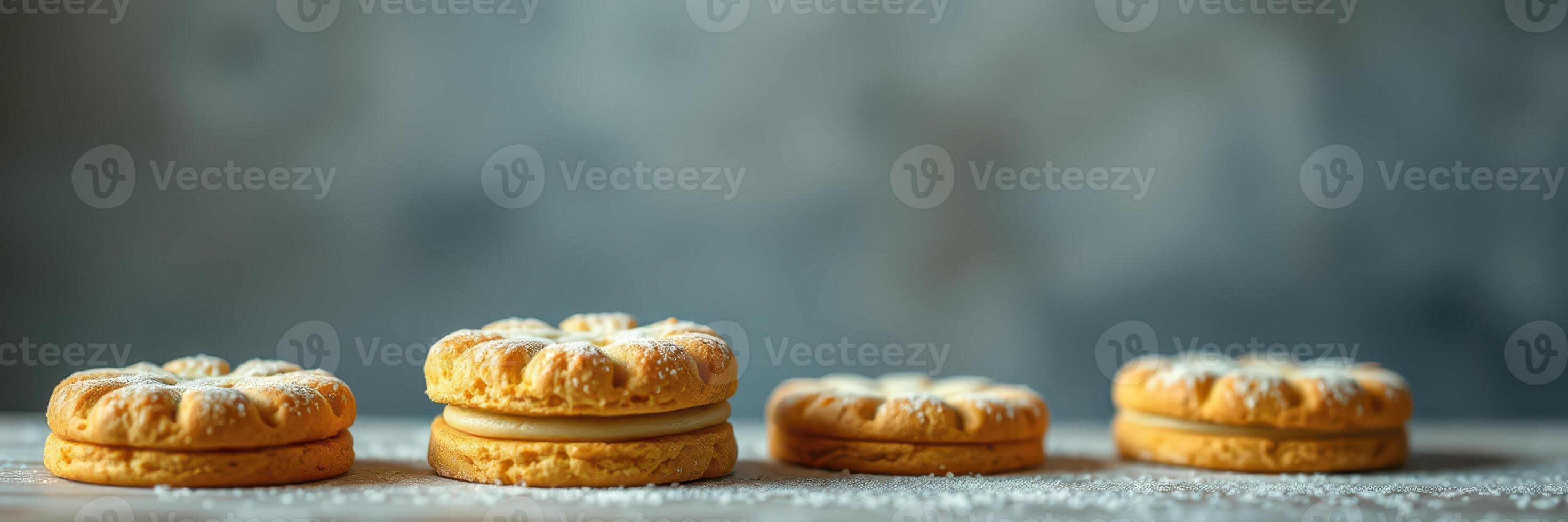 Delicious homemade cookies arranged on a wooden table with powdered sugar photo