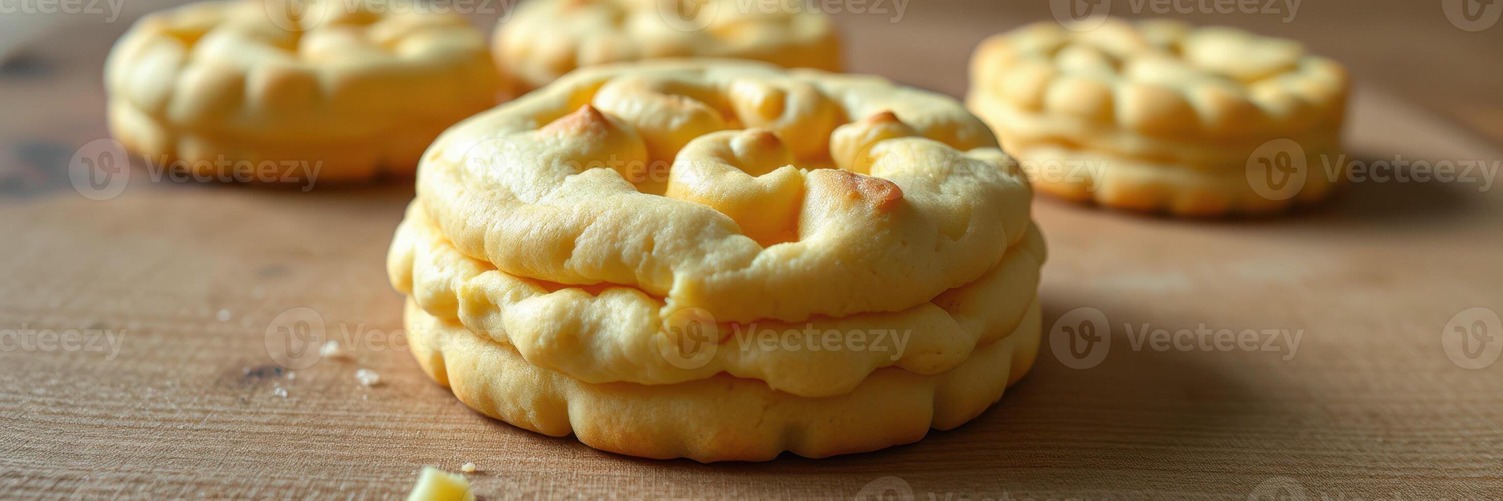 Freshly baked cloud bread resting on a wooden surface, showcasing fluffy texture and golden hue photo