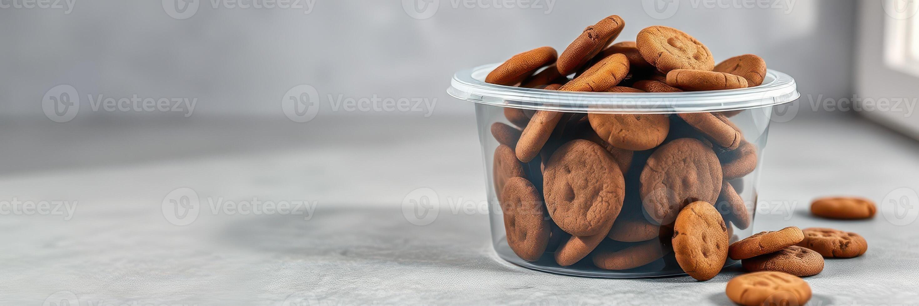 Freshly baked cookies in a transparent container on a light marble surface in a cozy kitchen setting photo