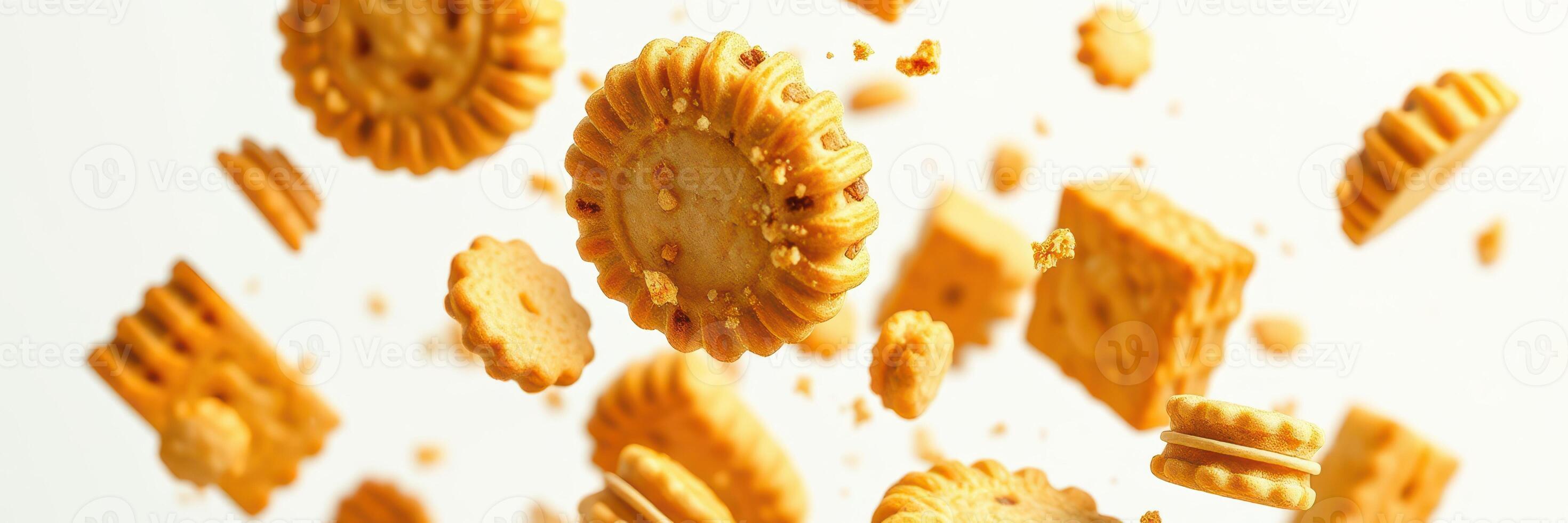 Cookies floating in midair create a whimsical display of sweet treats against a light background photo