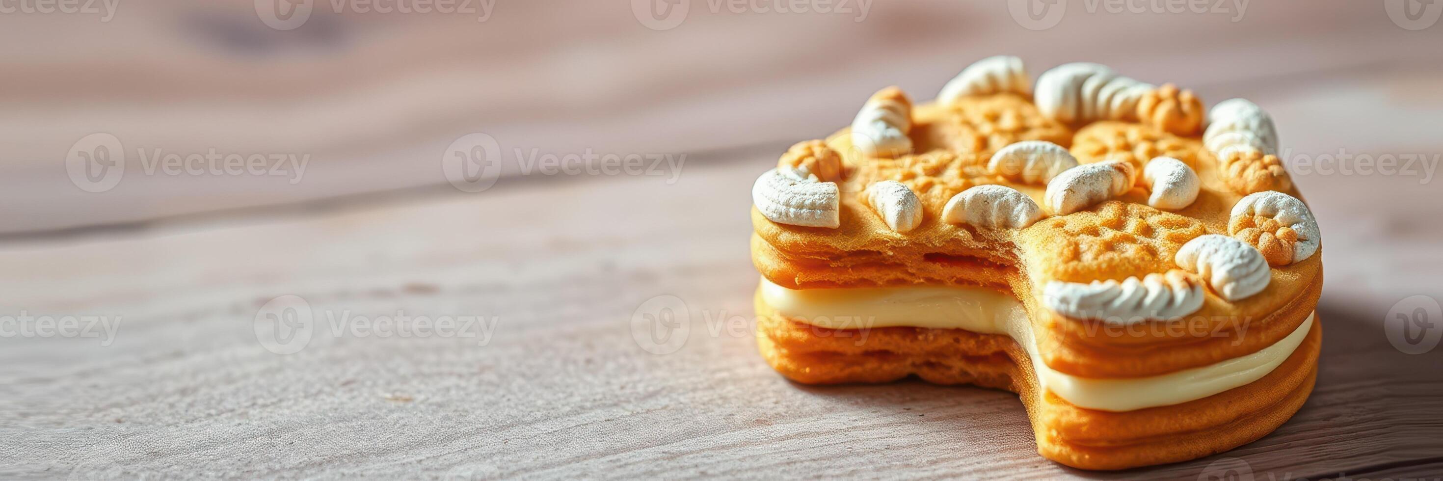 Sweet dessert with a bite taken out, showcasing intricate details on a wooden surface photo