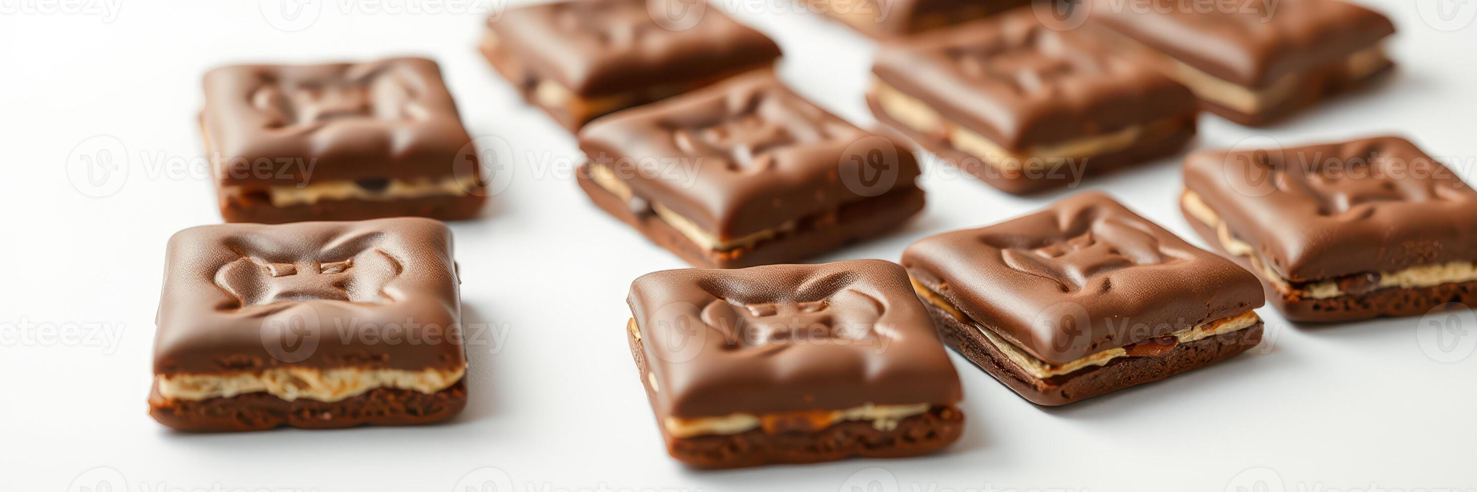 Chocolate-covered biscuits arranged neatly on a white surface, inviting sweetness and indulgence for all photo