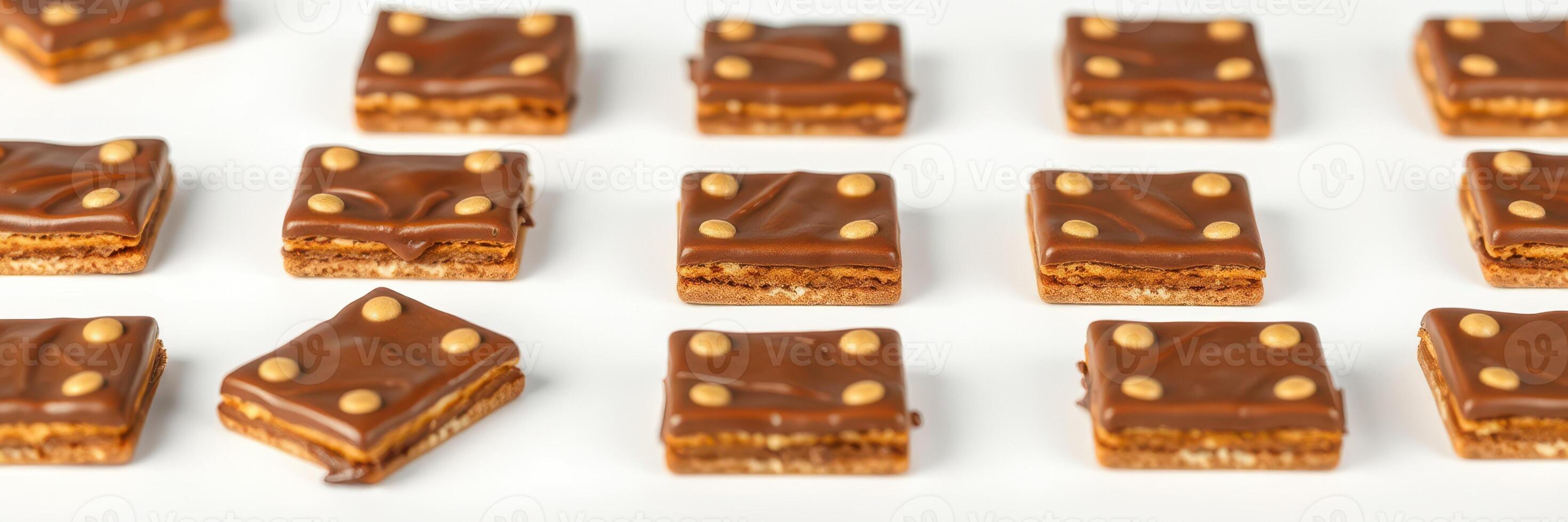 Squares of chocolate-covered treats arranged neatly on a white surface for a delightful display of texture and color photo