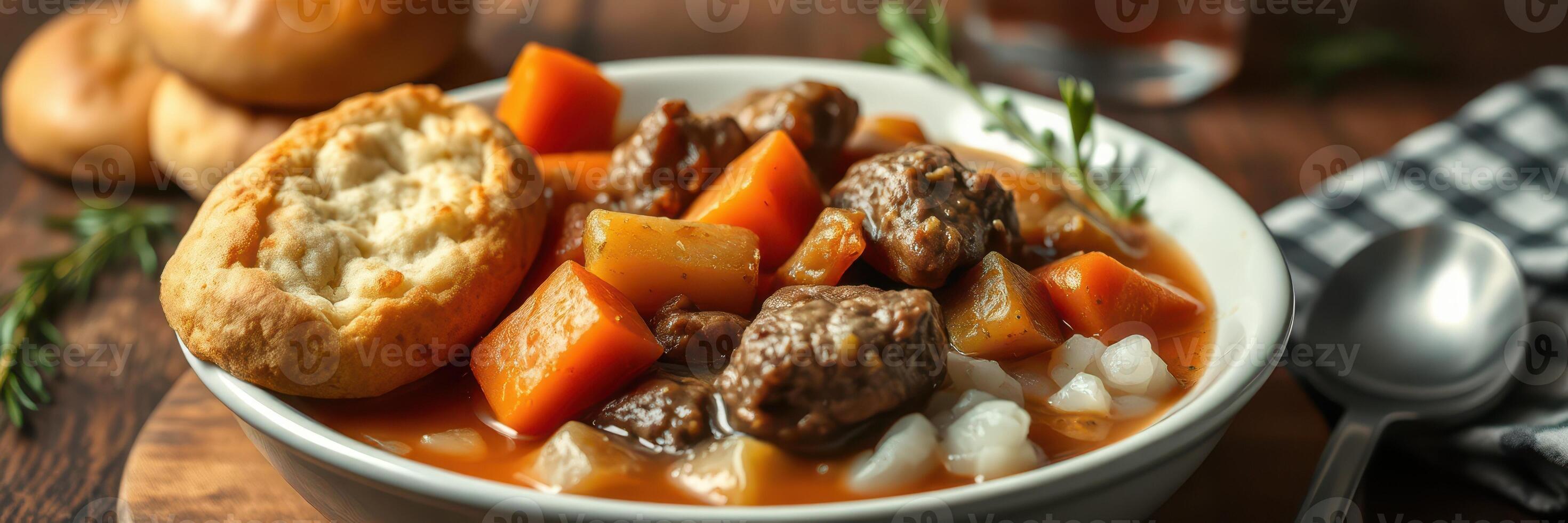 Hearty beef stew with vegetables and fresh baked bread on a wooden table photo