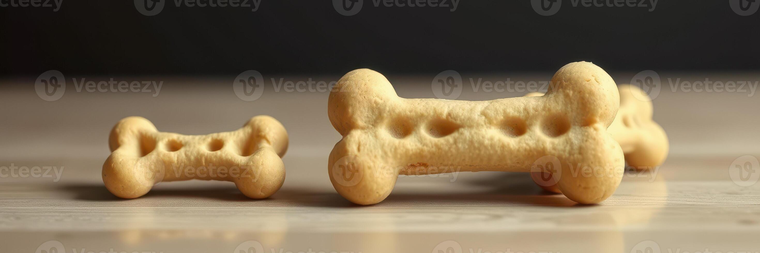 Dog treats in various sizes arranged on a wooden surface during natural light photo