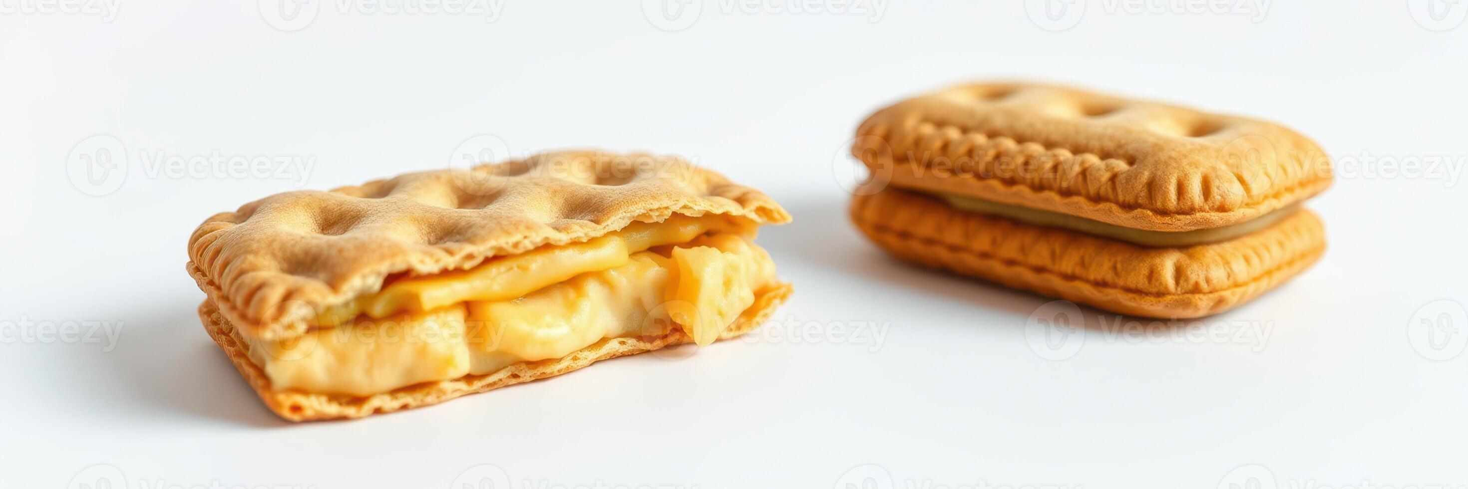 Delicious layered cookies with creamy filling arranged on a white surface photo