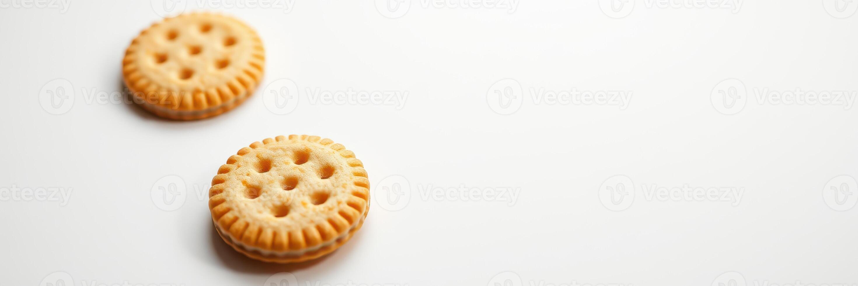 Two round cookies with a textured surface and cream filling on a plain background in a minimalist setting photo