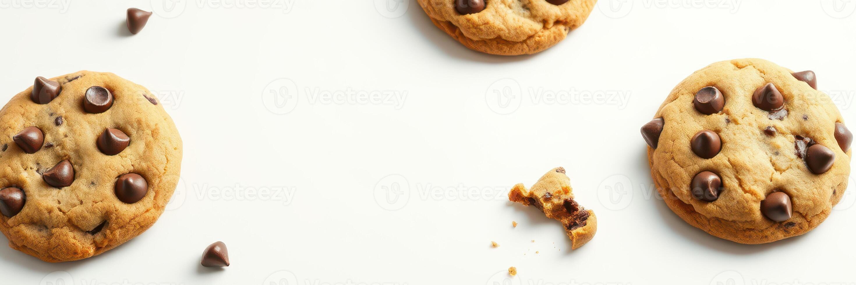 Delicious chocolate chip cookies on a clean surface with one cookie partially bitten photo