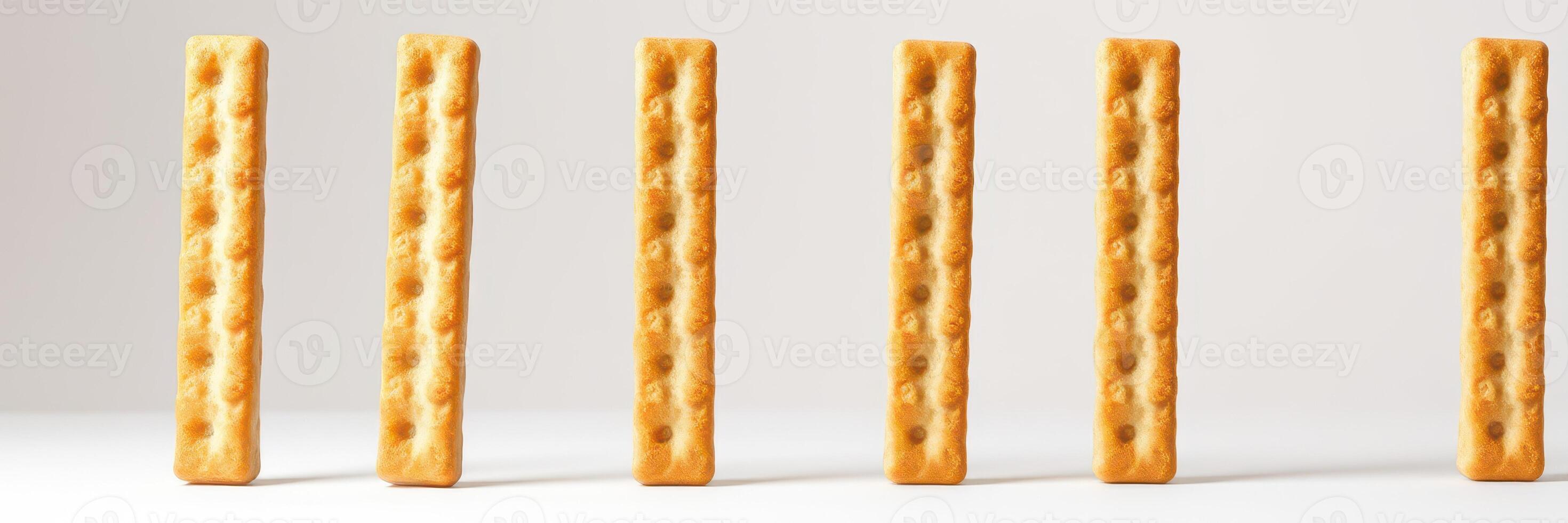 Six crispy snack sticks standing in a row on a plain background in a well-lit setting photo