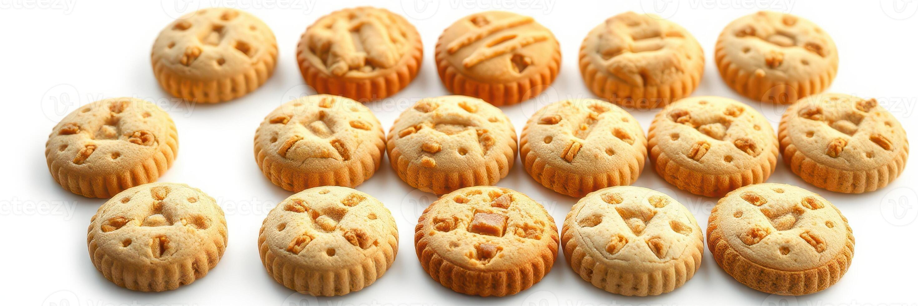 Assortment of round cookies displayed on a white surface in an inviting arrangement for a sweet treat photo
