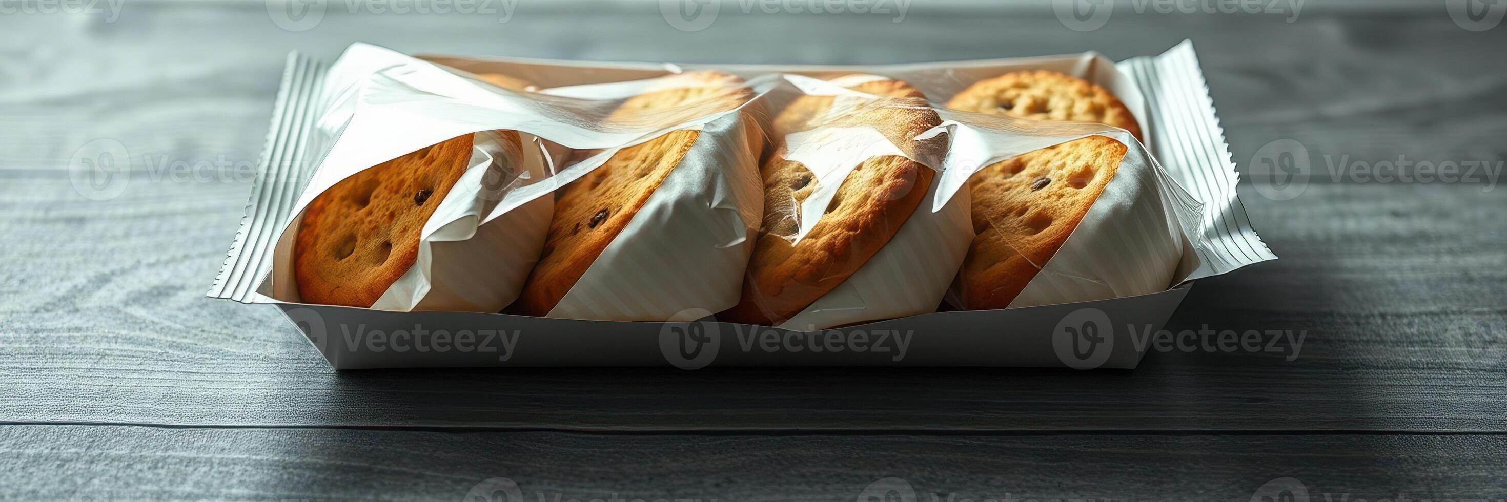 Freshly baked cookies arranged neatly in a tray on a rustic wooden table photo