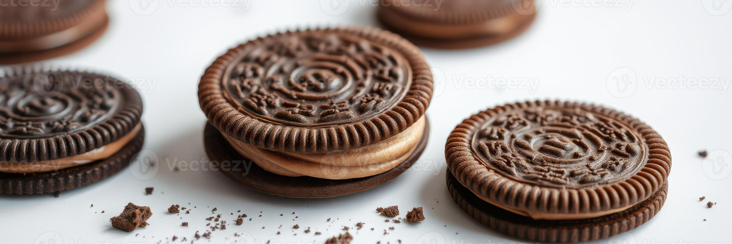 Delicious chocolate cream-filled cookies arranged on a white surface with crumbs scattered around photo