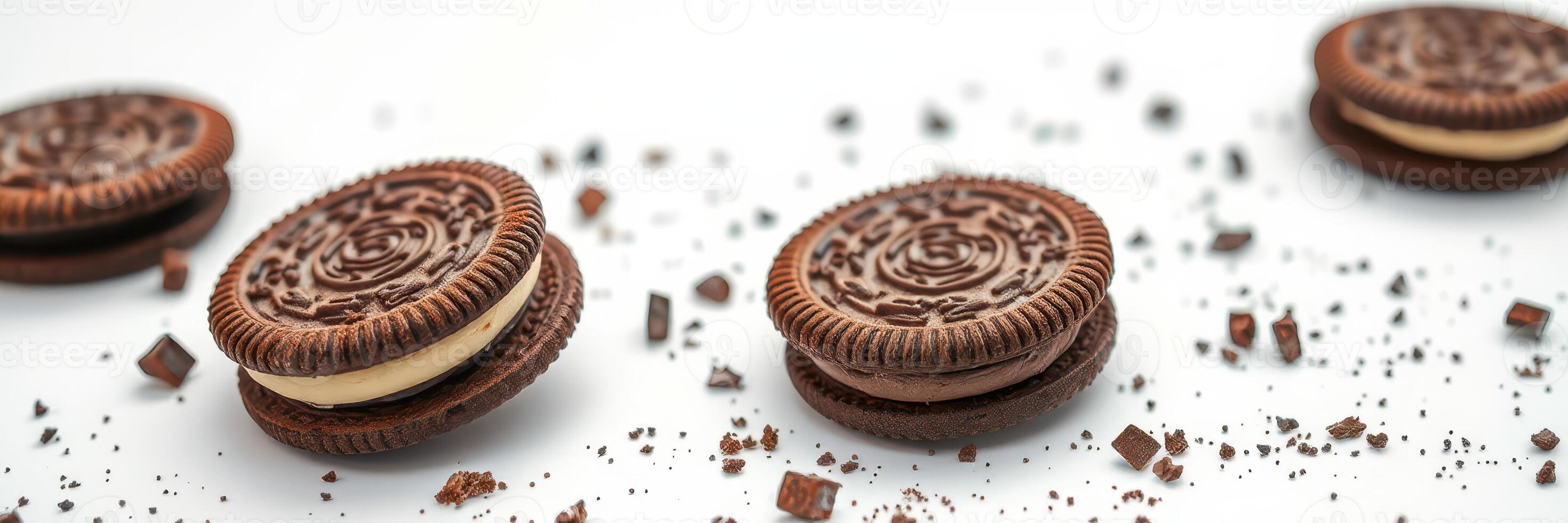 Delicious chocolate cookies arranged artfully on a white surface with crumbs for an appealing dessert display photo