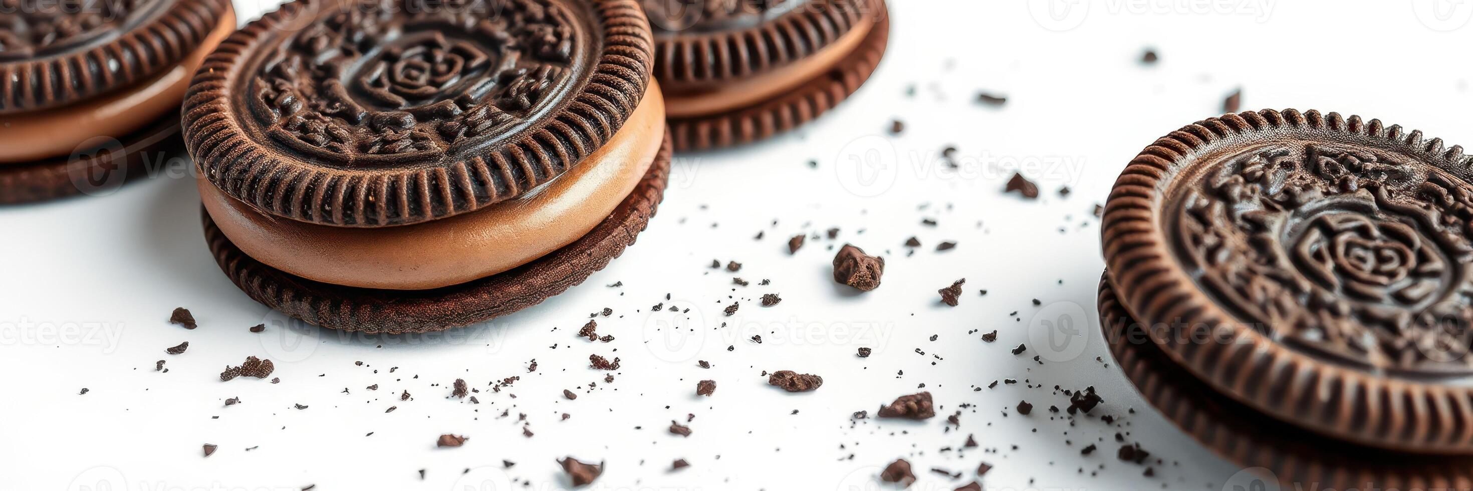 Delicious chocolate sandwich cookies with creamy filling and scattered crumbs on a white surface photo