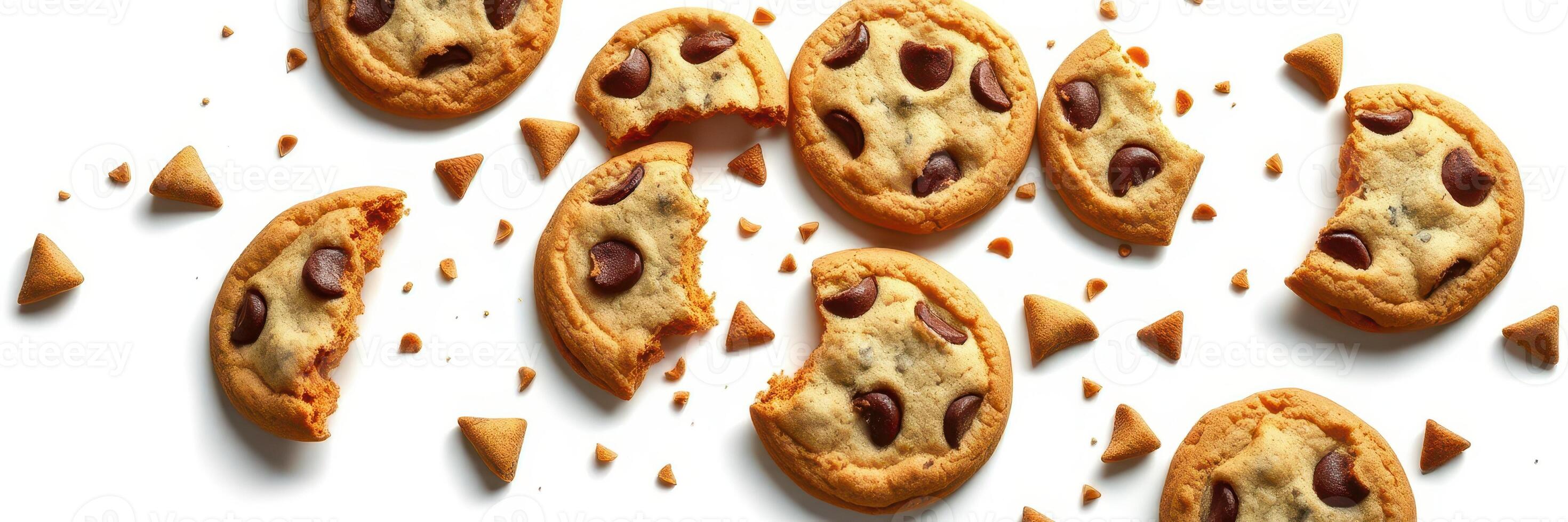Freshly baked chocolate chip cookies scattered on a white surface with bites taken out of some photo