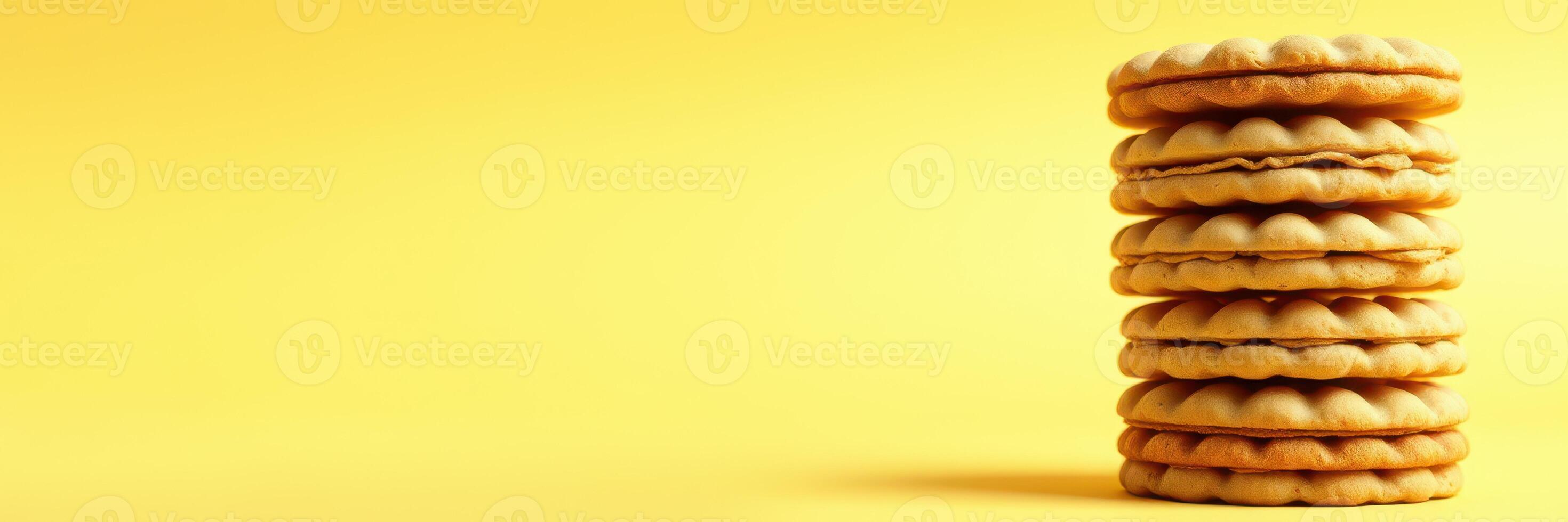 Delicious stack of golden cookies displayed against a bright yellow background, showcasing a simple and inviting treat perfect for any occasion photo
