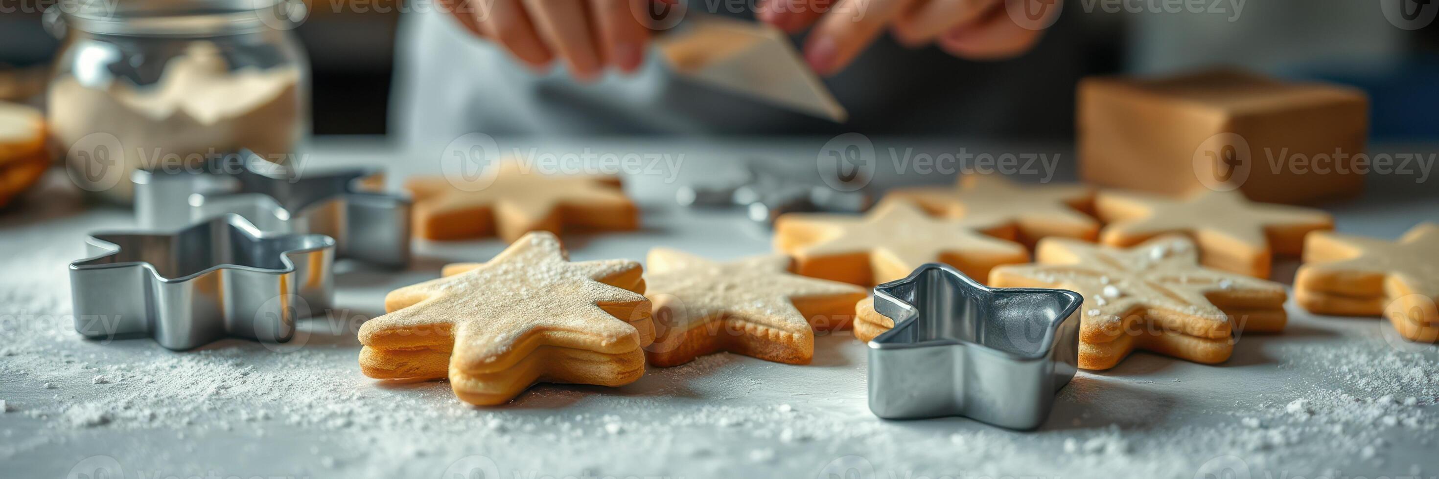 Creating festive star-shaped cookies in a cozy kitchen during the holiday season photo