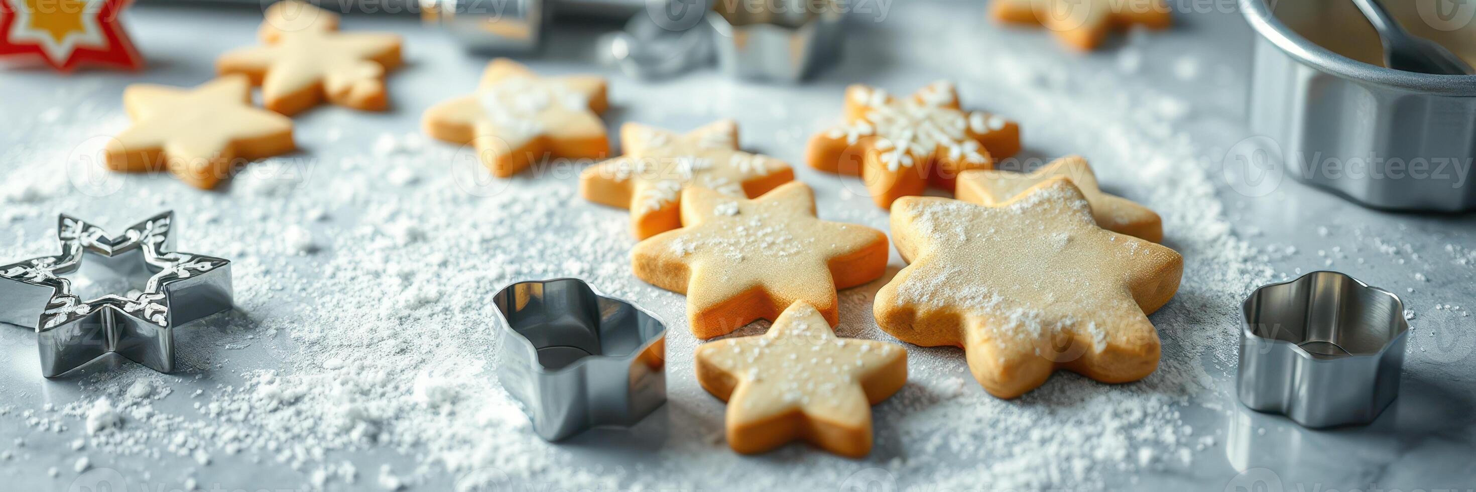 Holiday baking with snowflake shaped cookies on a kitchen countertop decorated with powdered sugar photo