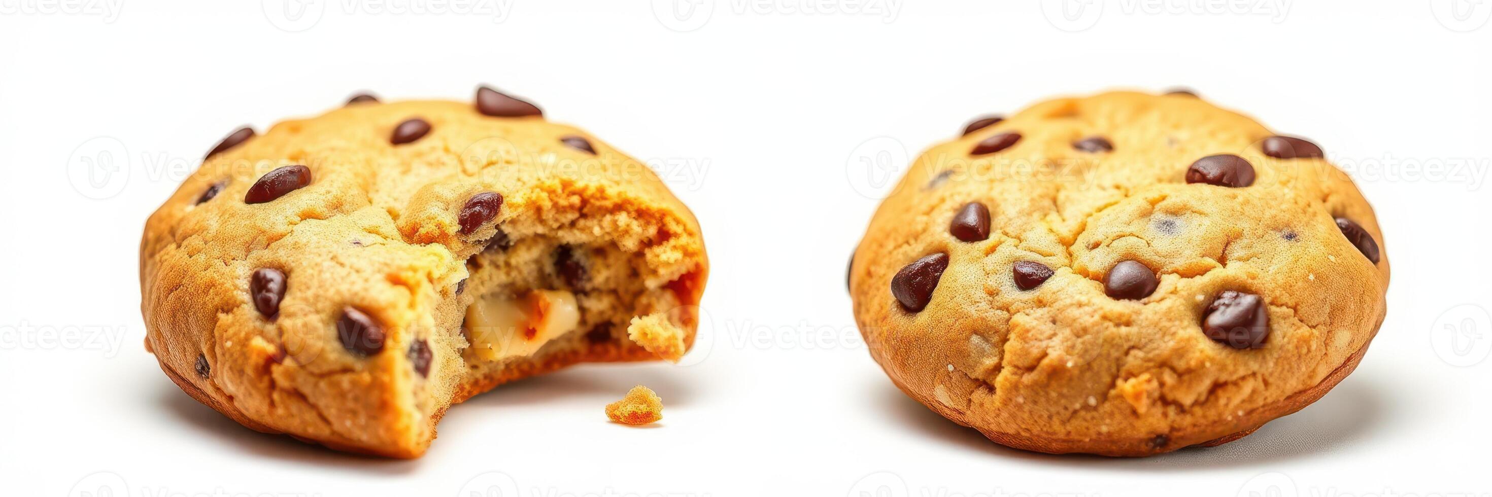 Delicious chocolate chip cookie with a bite taken out, showcasing its soft texture and rich chocolate pieces photo