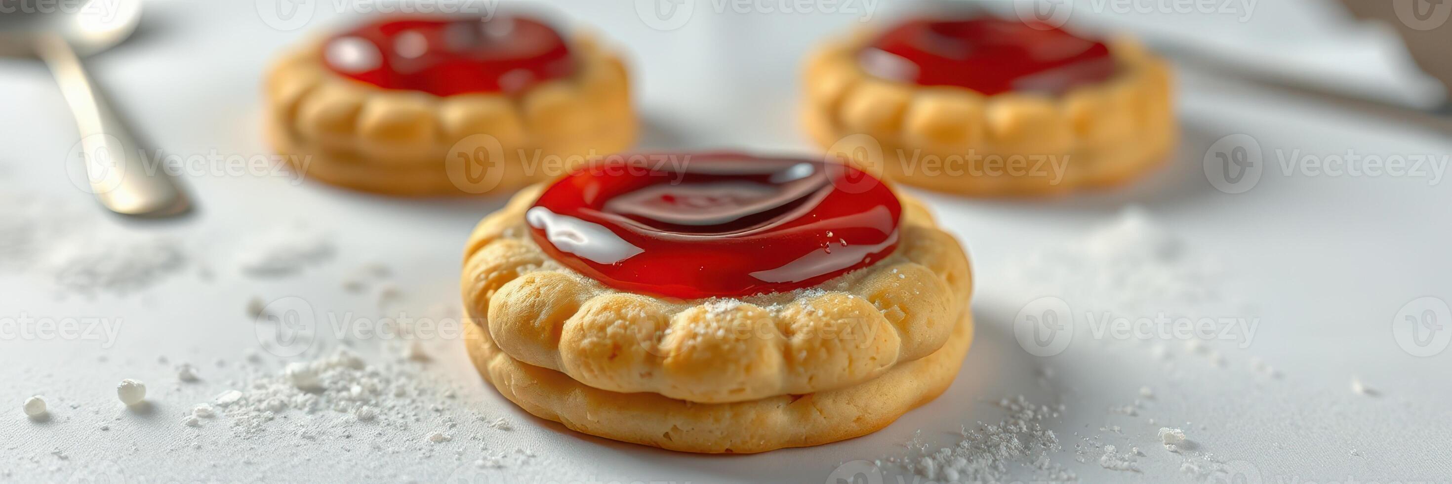 Delicious dessert featuring three cookies topped with vibrant red jelly and powdered sugar on a clean surface photo