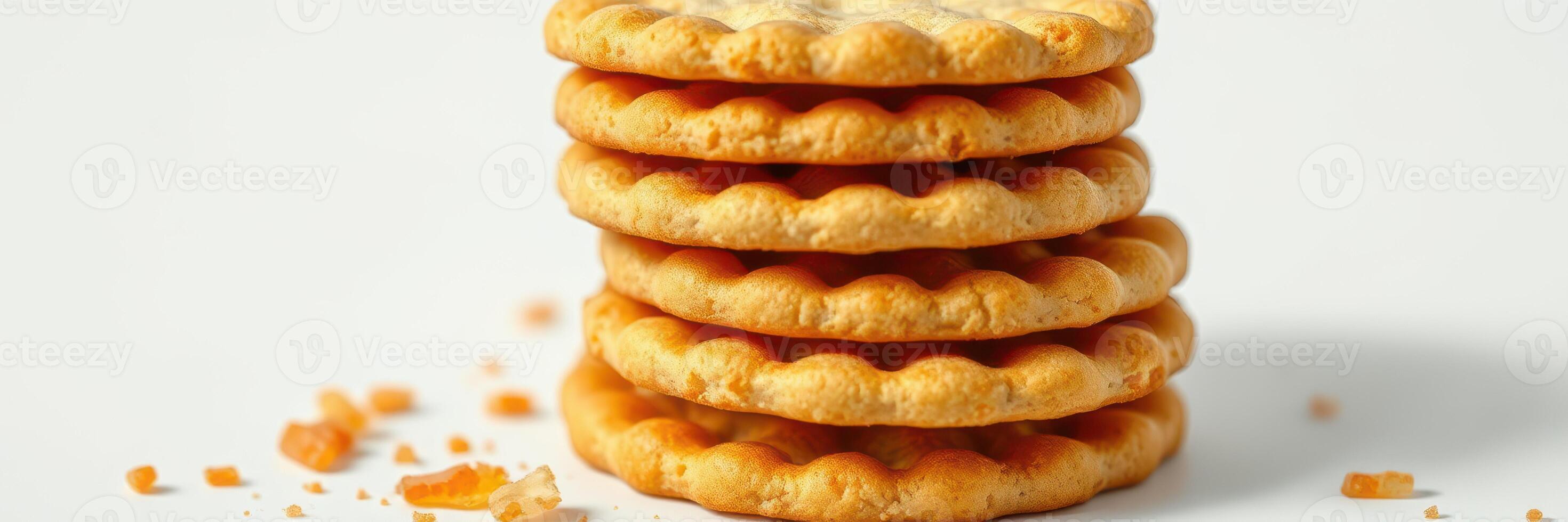 Golden baked cookies stacked neatly on a plain background with crumbs scattered nearby photo