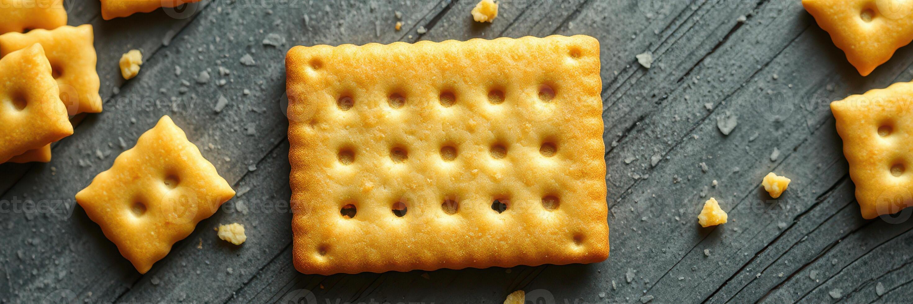 Golden crackers arranged on a dark stone surface showcasing their texture and shape during a snack time setting photo