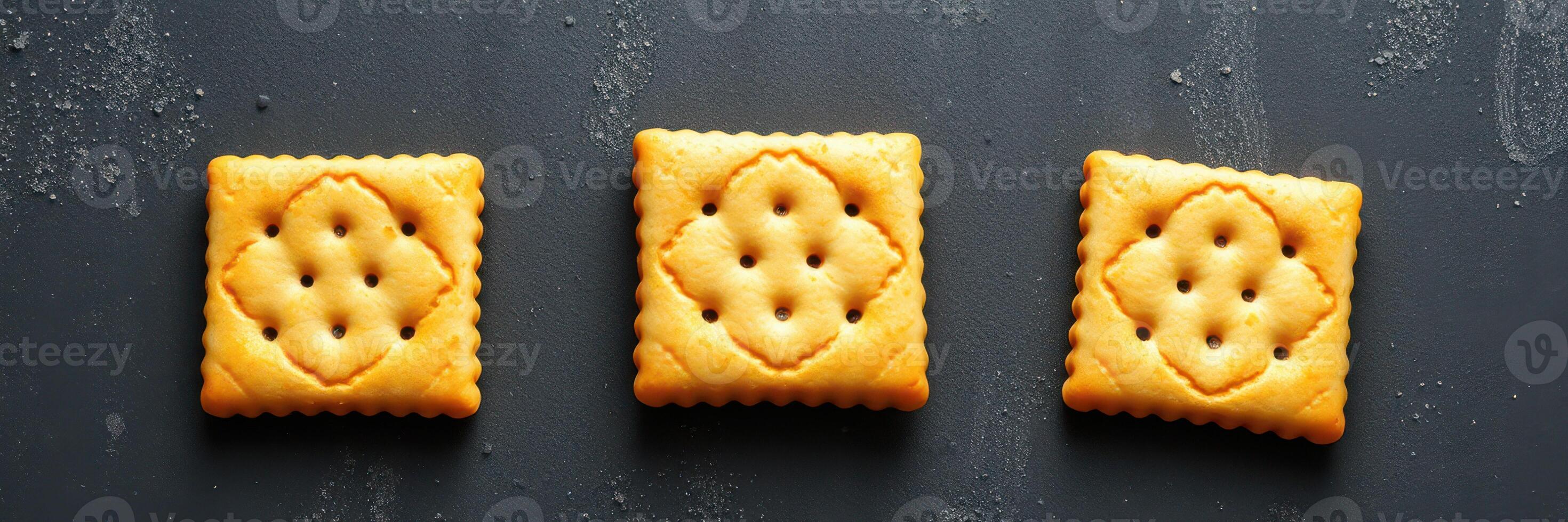 Crackers arranged neatly on a dark surface showcasing their unique shapes and textures photo