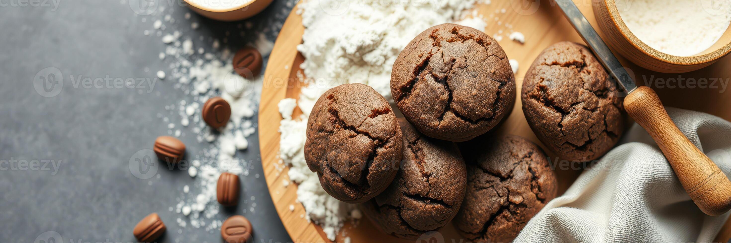Baking chocolate cookies with flour on a wooden board during a cozy kitchen moment photo
