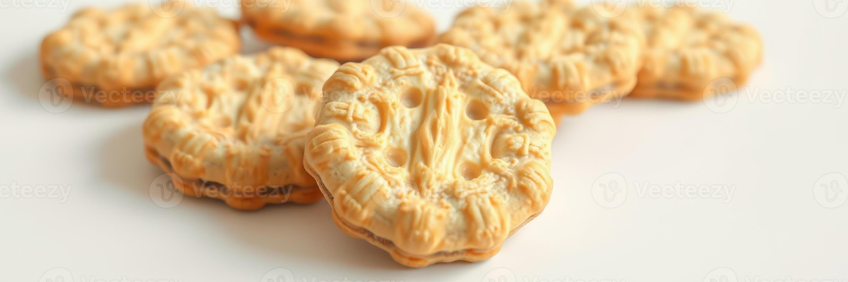 Deliciously baked cookies arranged beautifully on a light background showcasing their flaky texture and intricate design photo