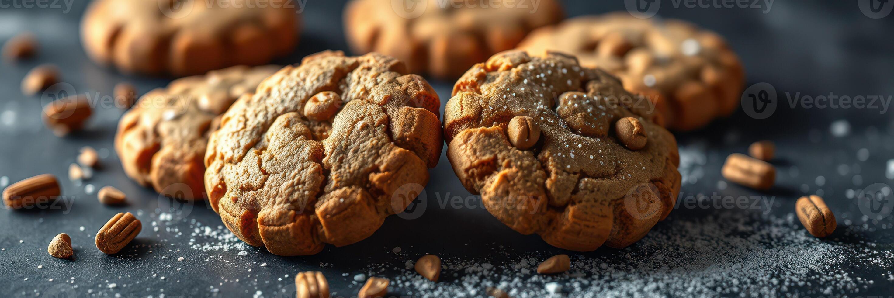 Freshly baked nutty cookies on a dark surface with scattered nuts and sugar photo