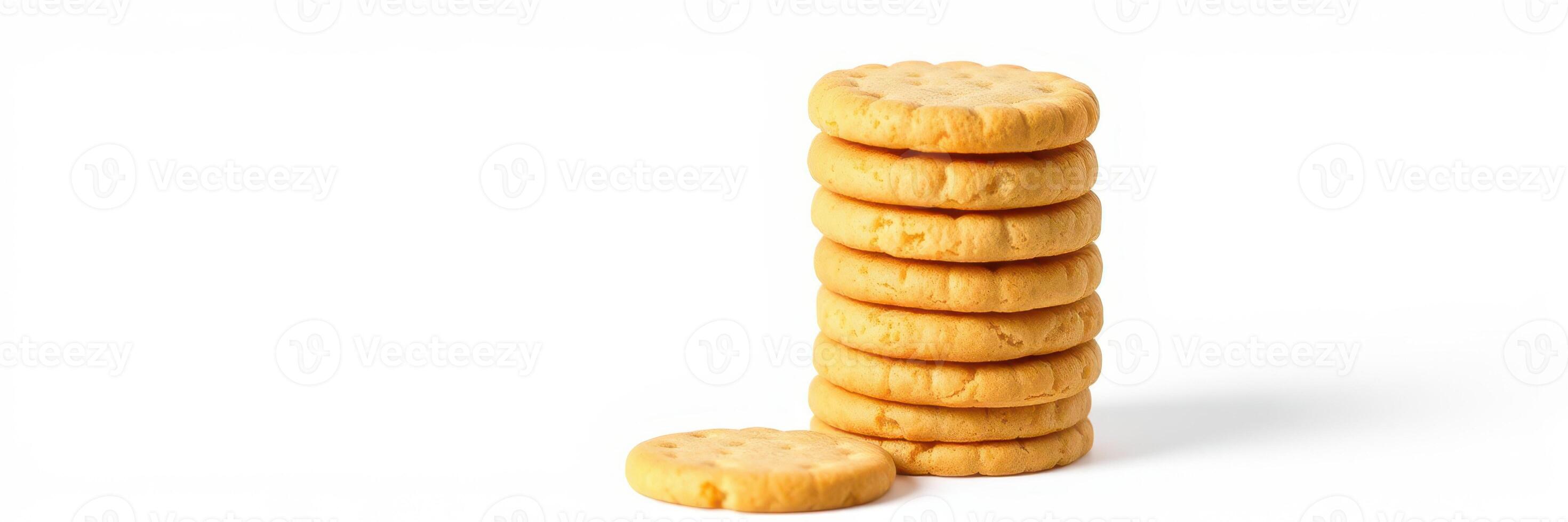 Stack of round cookies arranged in a neat pile on a plain white background photo