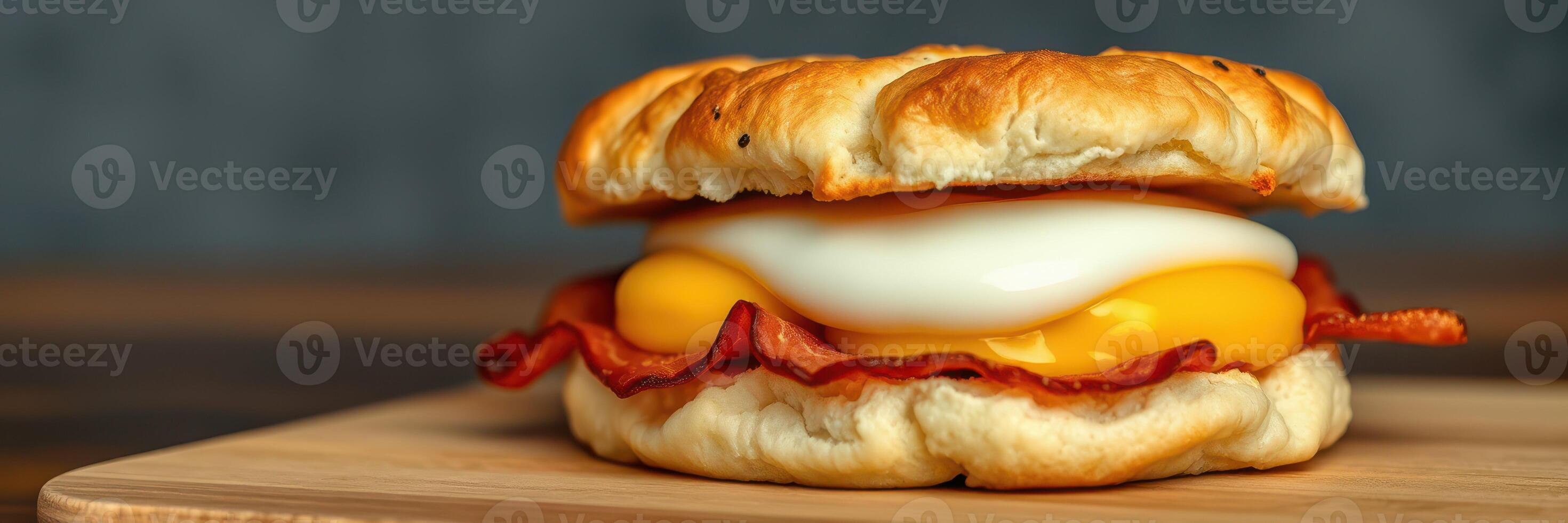 Flaky biscuit sandwich with crispy bacon and melted cheese served on wooden board photo