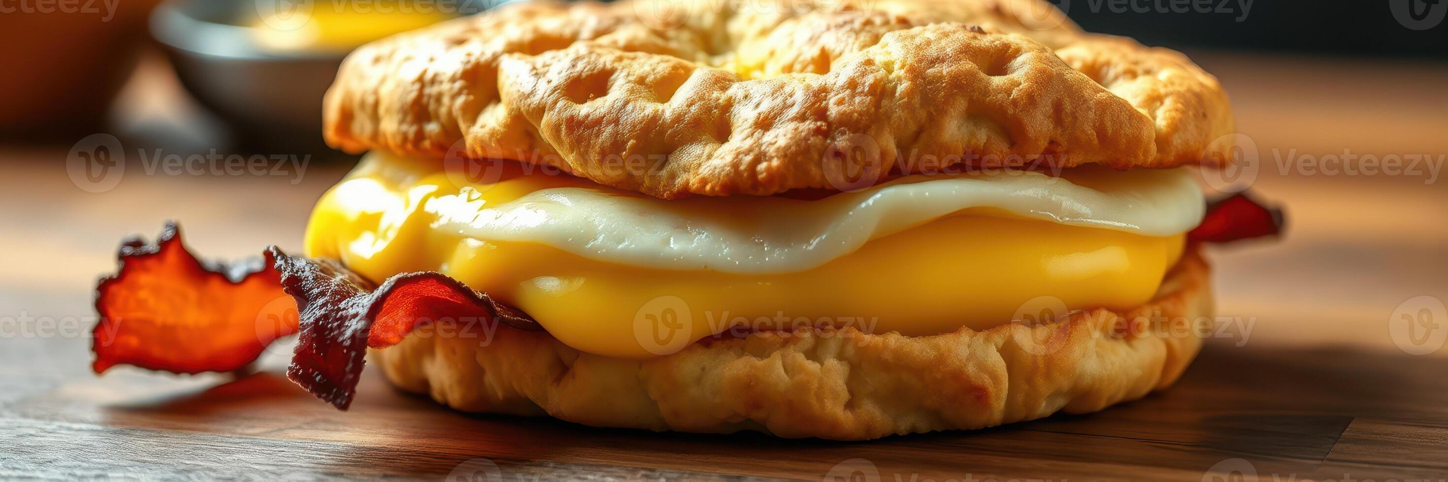 Savory breakfast sandwich featuring bacon, egg, and melted cheese on a flaky biscuit photo