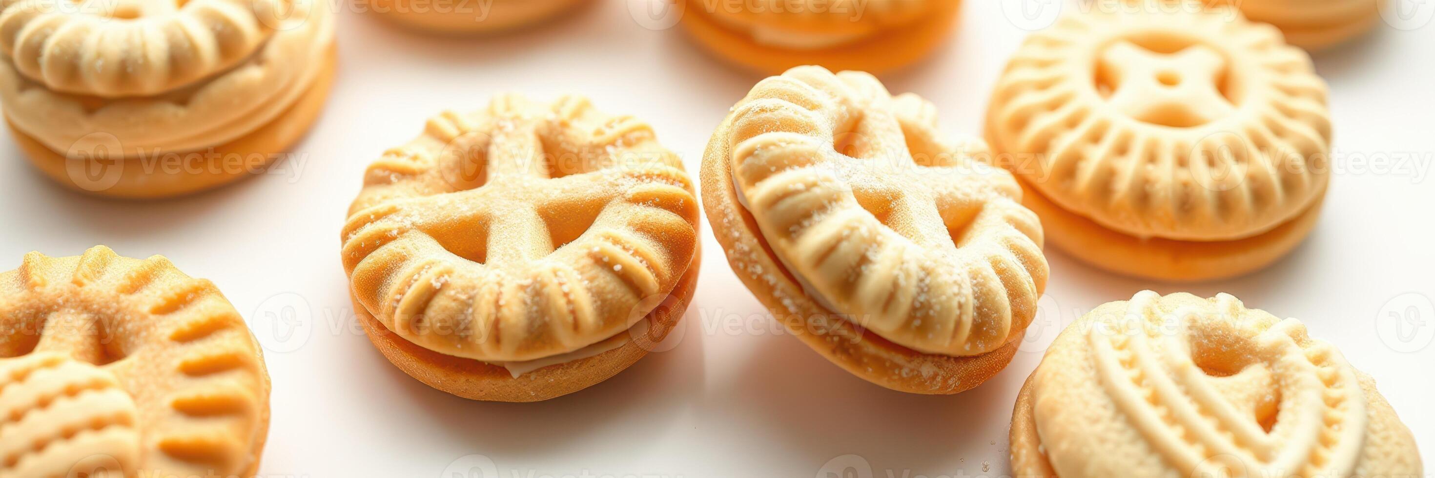 Delicious cookies arranged neatly on a white surface ready for consumption or display in a bakery setting photo