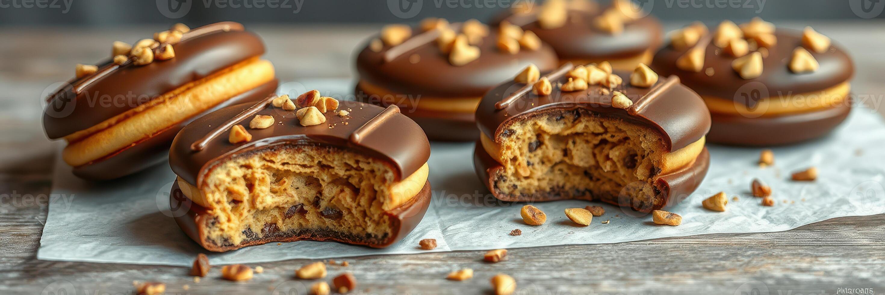 Delicious chocolate-coated cookies filled with creamy peanut butter and topped with crunchy nuts photo