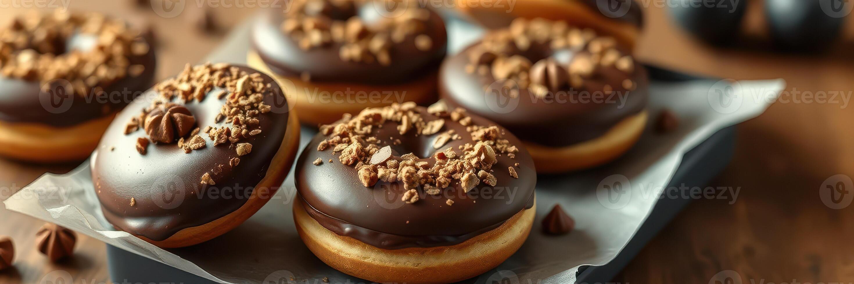 Freshly baked chocolate donuts with crunchy toppings on a wooden table photo