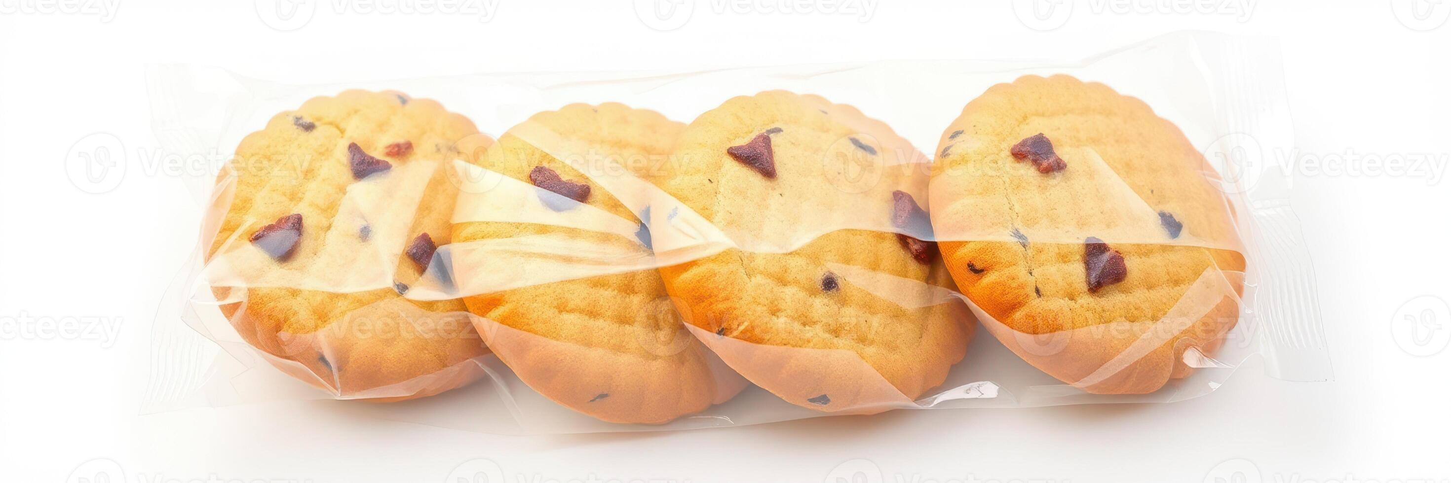 Delicious chocolate chip cookies in clear packaging ready for enjoyment at a snack time photo