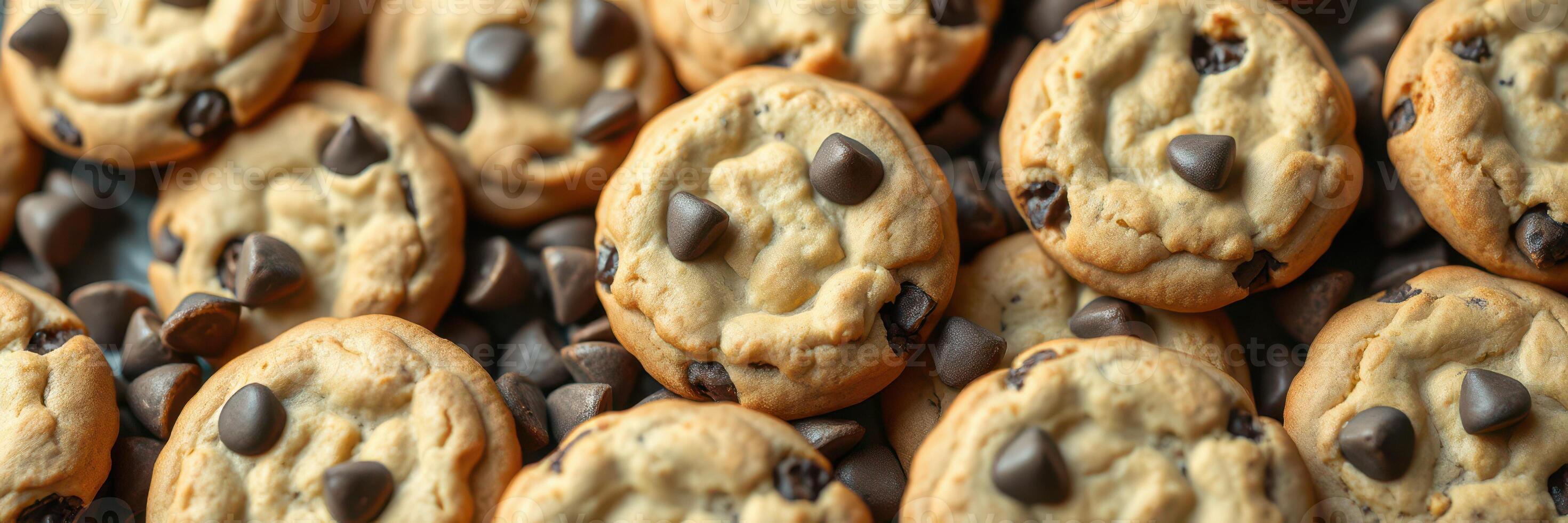 Freshly baked chocolate chip cookies displayed on a tray in a cozy kitchen setting photo