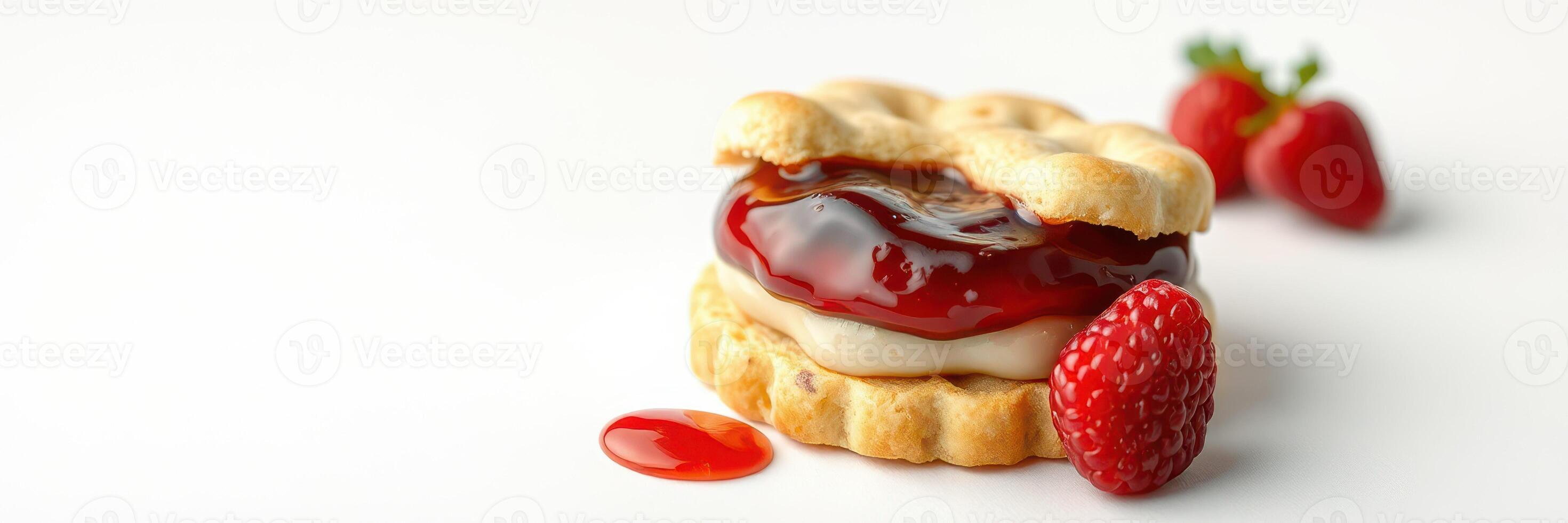 Delicious dessert creation featuring a biscuit sandwich with layered fruit filling and fresh strawberries on a clean surface photo