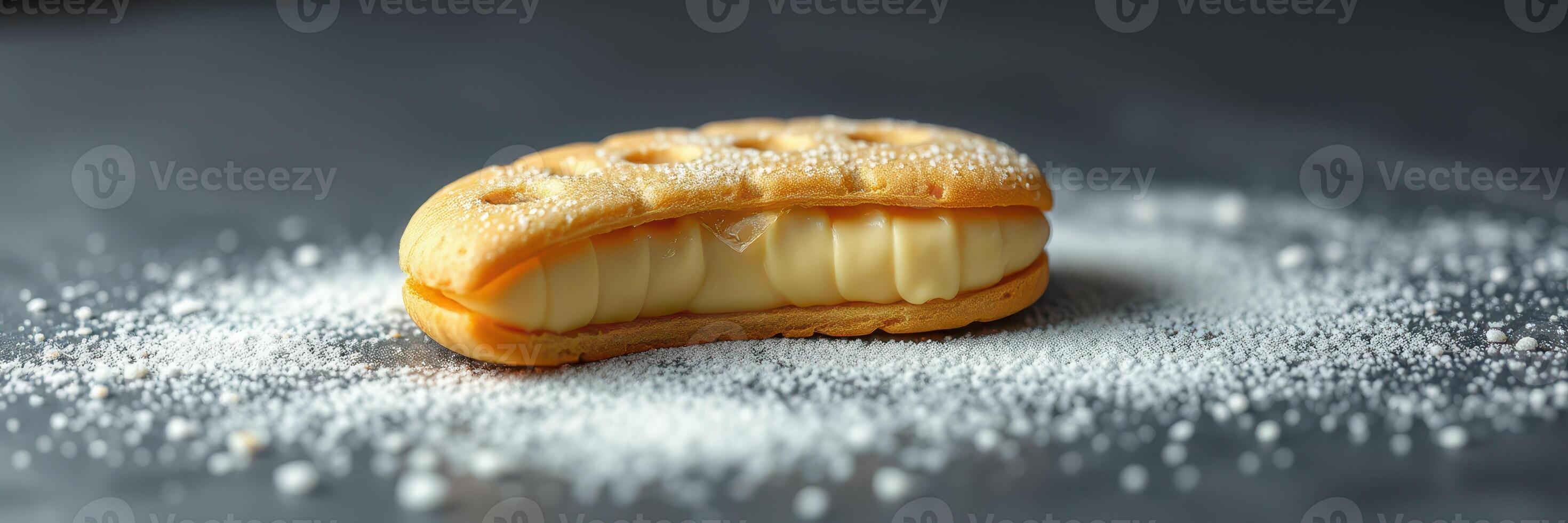 Delicate dessert with cream filling presented on a dark surface with powdered sugar photo