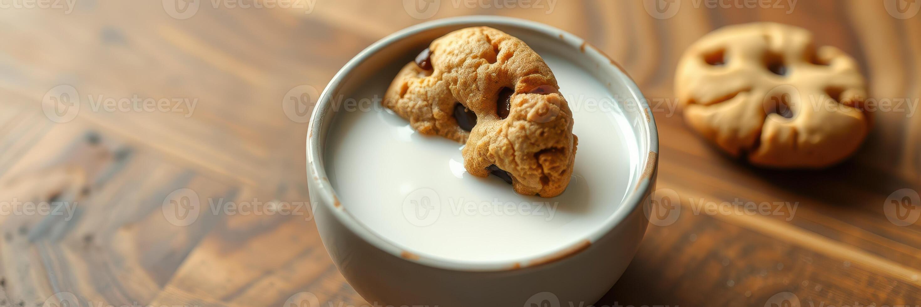 Delicious chocolate chip cookie partially submerged in a bowl of milk on a wooden table photo