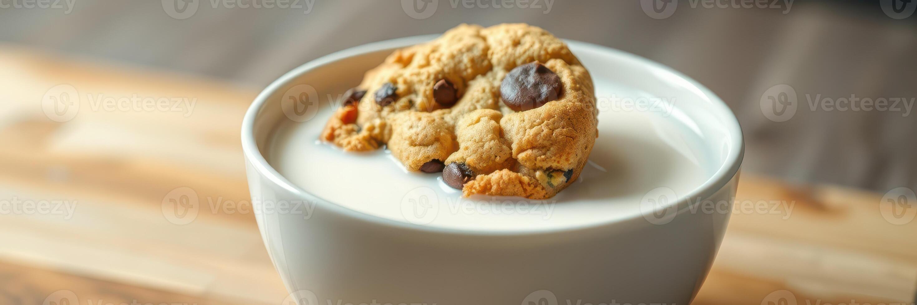 Delicious chocolate chip cookie resting in a bowl of milk on a wooden surface photo